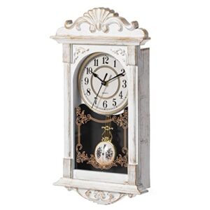 Clockswise Vintage Grandfather Wood-Looking Plastic Pendulum Decorative Battery-Operated Wall Clock Brown, for Office, Home Decor, Living Room, Kitchen, or Dining Room, White