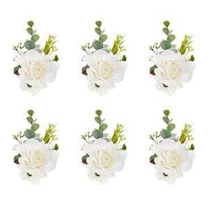 meldel white ivory rose wrist corsage, set of 6, wedding bridal wrist flower corsage hand flower decor for prom party wedding homecoming, corsage wristband flowers for bride, bridesmaid, girl