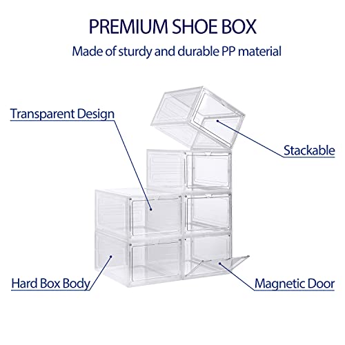 DEZENE Large Sturdy Storage Boxes: Pack of 6 Stackable Clear Plastic Organizer Containers for Closet, Drop Front Bins for Display Sneakers, Fit Shoe Size Up to US Men 12