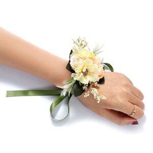 yean flower bride wedding wrist corsage champagne leaf bridal hand flowers whith ribbon floral bridesmaid corsages wristlet party prom decorations accessories for women and girls