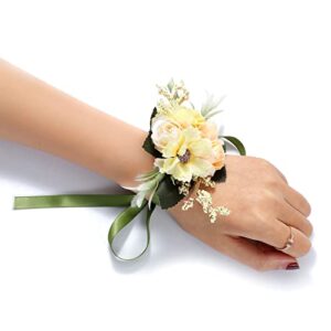 Yean Flower Bride Wedding Wrist Corsage Champagne Leaf Bridal Hand Flowers Whith Ribbon Floral Bridesmaid Corsages Wristlet Party Prom Decorations Accessories for Women and Girls