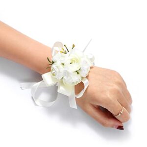 Yean White Rose Wrist Corsage Bride Wedding Hand Flower Handmade Whith Ribbon Corsage Wristlet Wedding Party Prom Decorations Accessories for Women and Girls