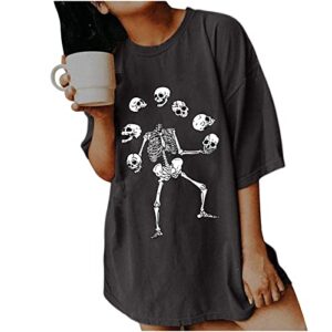 GTEUKTG Summer Y2k Tops for Women, Casual Vintage Skull Short Sleeve T-Shirt, Oversize Loose Crewneck Elastic Black Tees