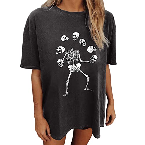 GTEUKTG Summer Y2k Tops for Women, Casual Vintage Skull Short Sleeve T-Shirt, Oversize Loose Crewneck Elastic Black Tees