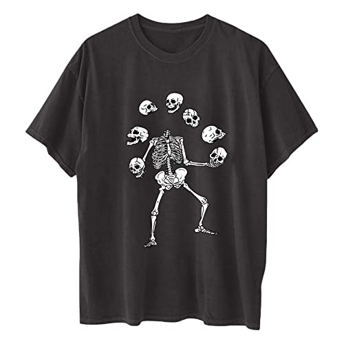 GTEUKTG Summer Y2k Tops for Women, Casual Vintage Skull Short Sleeve T-Shirt, Oversize Loose Crewneck Elastic Black Tees