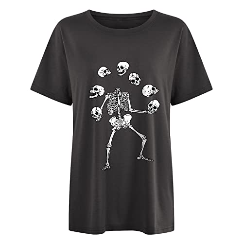 GTEUKTG Summer Y2k Tops for Women, Casual Vintage Skull Short Sleeve T-Shirt, Oversize Loose Crewneck Elastic Black Tees