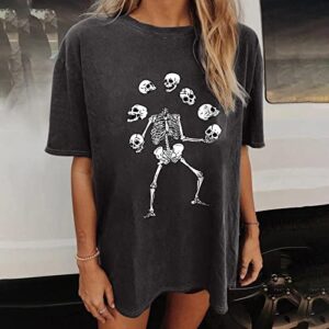 GTEUKTG Summer Y2k Tops for Women, Casual Vintage Skull Short Sleeve T-Shirt, Oversize Loose Crewneck Elastic Black Tees