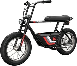 razor rambler 16 – 36v electric minibike with retro style, up to 15.5 mph, up to 11.5 miles range, wide, rugged 16" air-filled tires, powerful 350 watt hub-driven motor