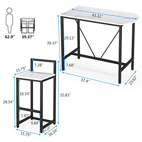 Tribesigns 3-Piece Bar Table Set, 2-Person Counter Height Dining Set, Sofa Pub Table with 2 Tools, Marble White, for Kitchen and Living Room