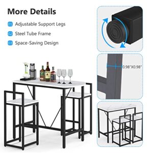 Tribesigns 3-Piece Bar Table Set, 2-Person Counter Height Dining Set, Sofa Pub Table with 2 Tools, Marble White, for Kitchen and Living Room