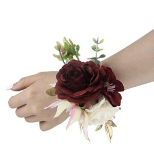 Rinlong Set of 6 Burgundy Wrist Corsage Wristlet Band Bracelet Wrist Flowers Wedding Bride Bridesmaid Flower Accessories Decoration