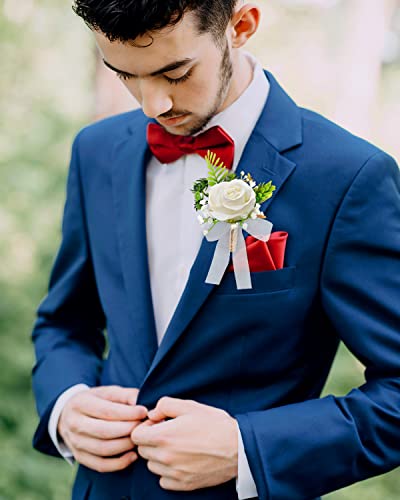 Ivory Rose Wrist Corsage Wristlet Band Bracelet and Boutonniere Set for Men Women Bride Bridesmaid Wedding Prom Flowers Accessories (6 Boutonnieres)