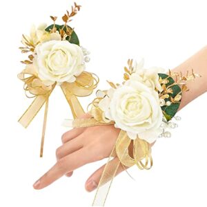 ivory rose wrist corsage wristlet band bracelet and boutonniere set for men women bride bridesmaid wedding prom flowers accessories (a-boutonniere & wrist corsage)