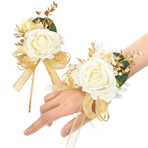 Ivory Rose Wrist Corsage Wristlet Band Bracelet and Boutonniere Set for Men Women Bride Bridesmaid Wedding Prom Flowers Accessories (A-Boutonniere & Wrist Corsage)