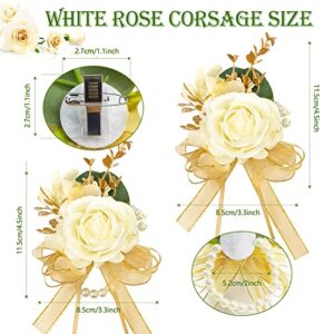 Ivory Rose Wrist Corsage Wristlet Band Bracelet and Boutonniere Set for Men Women Bride Bridesmaid Wedding Prom Flowers Accessories (A-Boutonniere & Wrist Corsage)