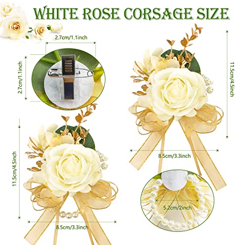 Ivory Rose Wrist Corsage Wristlet Band Bracelet and Boutonniere Set for Men Women Bride Bridesmaid Wedding Prom Flowers Accessories (A-Boutonniere & Wrist Corsage)