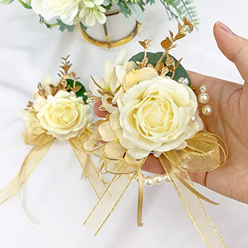 Ivory Rose Wrist Corsage Wristlet Band Bracelet and Boutonniere Set for Men Women Bride Bridesmaid Wedding Prom Flowers Accessories (A-Boutonniere & Wrist Corsage)