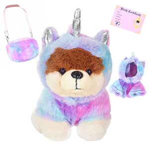 Over The Shoulder Pet Plush Bag w/Pug Stuffed Animal in Unicorn Stuffed Animals Disguise - Pug Plush Dog Stuffed Animals w/Birth Certificate - Puppy Stuffed Animal for Girls 4-5 - 6-7 yrs