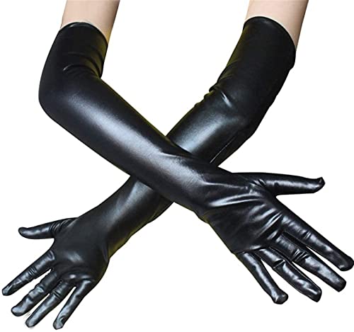 Achsoo Women's Faux Leather Sexy Long Gloves Sexy Wet Look Latex Elbow Length Long Gloves (Black(Patent Leather))