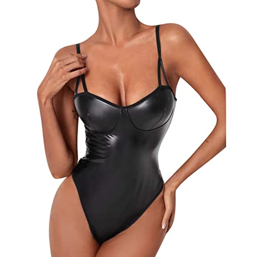 Sexy Latex Lingerie for Women Sexy Wet Look Leather Teddy Lingerie V Neck One Piece High Cut Leotard Bodysuit A Black