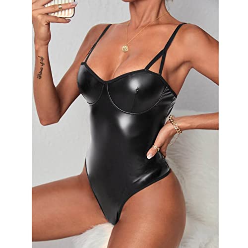 Sexy Latex Lingerie for Women Sexy Wet Look Leather Teddy Lingerie V Neck One Piece High Cut Leotard Bodysuit A Black