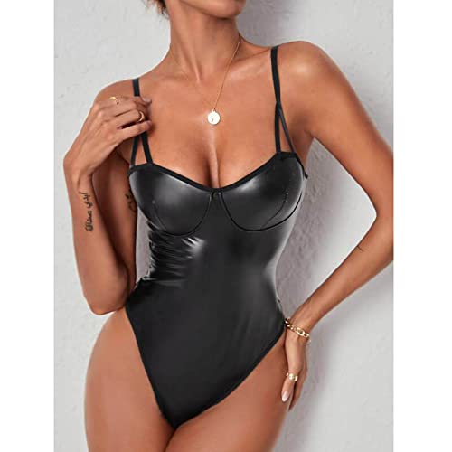 Sexy Latex Lingerie for Women Sexy Wet Look Leather Teddy Lingerie V Neck One Piece High Cut Leotard Bodysuit A Black