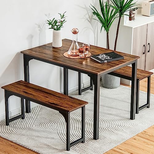 NAFORT 3-Piece Dining Table Set for 4, Kitchen Table with 2 Benches, 43.5’’ Space Saving Dining Room Table with Metal Frame & Solid MDF Wood Board, Ideal for Home, Restaurant, Patio Outdoor