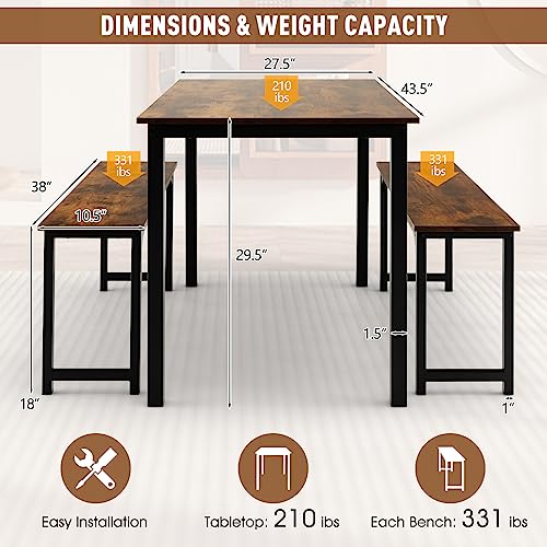 NAFORT 3-Piece Dining Table Set for 4, Kitchen Table with 2 Benches, 43.5’’ Space Saving Dining Room Table with Metal Frame & Solid MDF Wood Board, Ideal for Home, Restaurant, Patio Outdoor