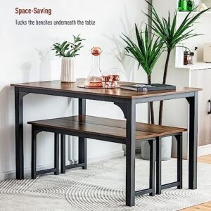NAFORT 3-Piece Dining Table Set for 4, Kitchen Table with 2 Benches, 43.5’’ Space Saving Dining Room Table with Metal Frame & Solid MDF Wood Board, Ideal for Home, Restaurant, Patio Outdoor