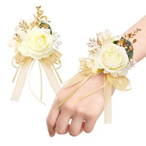 rose wrist corsage and boutonniere set artificial corsage wristlet bracelet for wedding decorations prom ceremony accessories (2pcs, champagne)