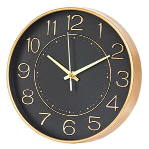 hzdhclh 10 inch small wall clocks battery operated,black and gold quartz round clock for wall,silent non ticking modern wall clock for living room bedroom kitchen office school classroom decor