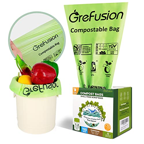 GreFusion Compostable Trash Bags for Kitchen Compost Bin 1.2 Gallon,150 Count,Compost Bags Small for Food Scrap Waste Bags for Countertop Bin Certified by BPI,ASTM D6400 and OK Compost