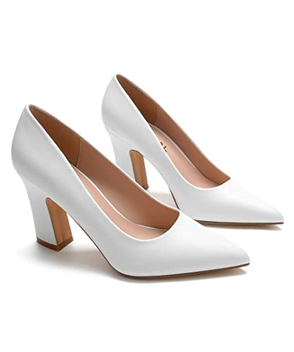 HHTCAL Closed Pointed Toe White Chunky Block Heel Pumps High Heels for Women Sexy Elegant Formal Work Office Ladies Dress Shoes US Size 8.5