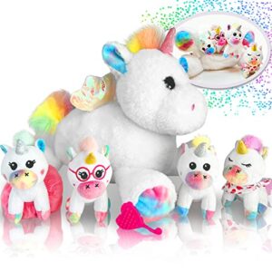 tumtotz rainbow unicorn stuffed animals for girls, unicorn gifts for girls age 3 4 5 6 7 8 - plush mommy unicorn with 4 small baby unicorns in her belly - cute plushy toys for 3+ year old girls