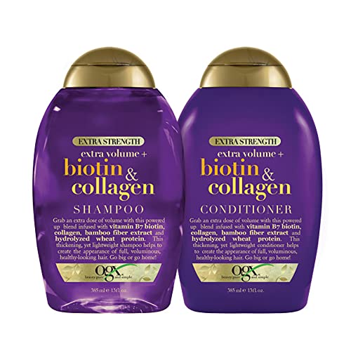 OGX Thick & Full + Biotin & Collagen Extra Strength Volumizing Shampoo & Conditioner with Vitamin B7 & Hydrolyzed Wheat Protein for Fine Hair. Sulfate-Free Surfactants for Fuller Hair, 13 Fl Oz