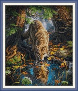 joy sunday cross stitch kits stamped full range of embroidery starter kits for beginners diy 14ct 2 strands -wolf(printed) 18.5×21.7 inch