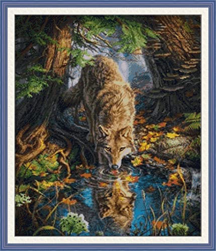 Joy Sunday Cross Stitch Kits Stamped Full Range of Embroidery Starter Kits for Beginners DIY 14CT 2 Strands -Wolf(Printed) 18.5×21.7 inch