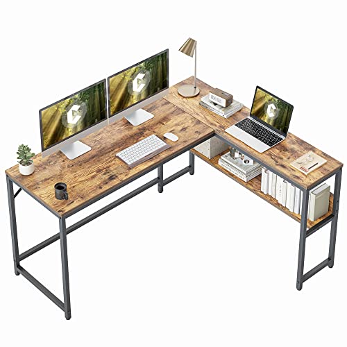 CubiCubi L Shaped Desk, 55.1 inch Corner Computer Desk with Storage Shelves, Study Writing Table Workstation with Open Shelves for Home Office, Rustic Brown