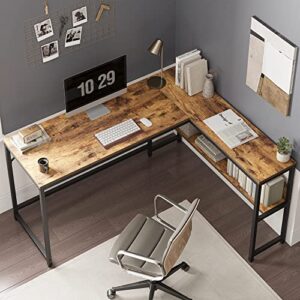 CubiCubi L Shaped Desk, 55.1 inch Corner Computer Desk with Storage Shelves, Study Writing Table Workstation with Open Shelves for Home Office, Rustic Brown