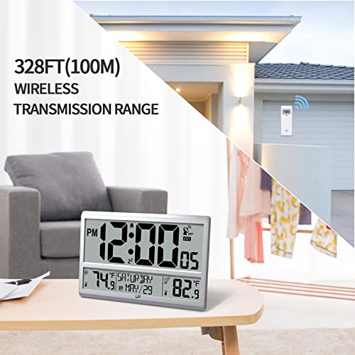 LFF Atomic Clock 4.5" Numbers, Atomic Wall Clock with Indoor & Outdoor Temperature，Never Needs Setting, Battery Operated, Date, Time, Wireless Outdoor Sensor, Jumbo Display Easy to Read
