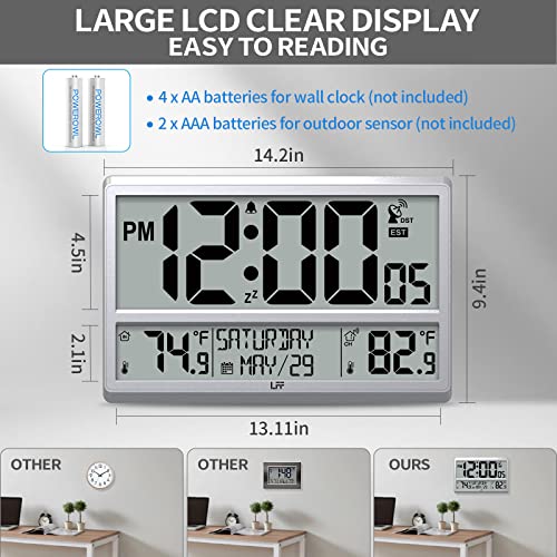 LFF Atomic Clock 4.5" Numbers, Atomic Wall Clock with Indoor & Outdoor Temperature，Never Needs Setting, Battery Operated, Date, Time, Wireless Outdoor Sensor, Jumbo Display Easy to Read