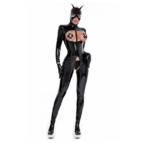 Lejafay Women's Metallic Catsuit Bodysuit Sexy Crime Fighter Costume Wet Look Latex Jumpsuit Black A Medium