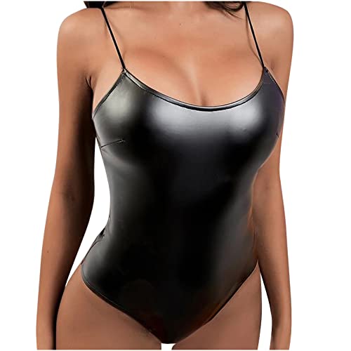 Bodysuit for Women Fashion PVC Leather Wet Look Teddy Lingerie Bodycon One Piece Sexy Deep V Babydoll Jumpsuit