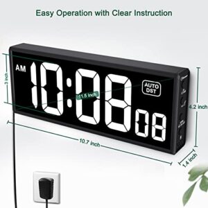 Soobest Digital Wall Clock with Seconds, Electric Clock Plug Auto DST Dimmer LED Large Display 11.5 Inches (White)