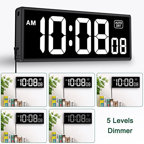 Soobest Digital Wall Clock with Seconds, Electric Clock Plug Auto DST Dimmer LED Large Display 11.5 Inches (White)