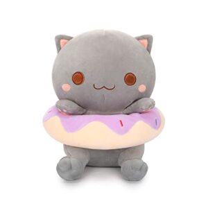 aixini 10inch cute cat plush with donut stuffed squishy animal, super soft kawaii kitten plushies for kids (grey,a)