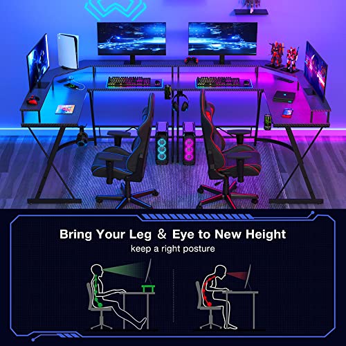 Mr IRONSTONE Gaming Desk with Led Lights ＆Power Outlet, L Shaped Computer Corner Desk with Cup Holder ＆ Headphone Hook, Carbon Fiber Home Office Desks with Large Monitor Stand, Graphite Black, 50''