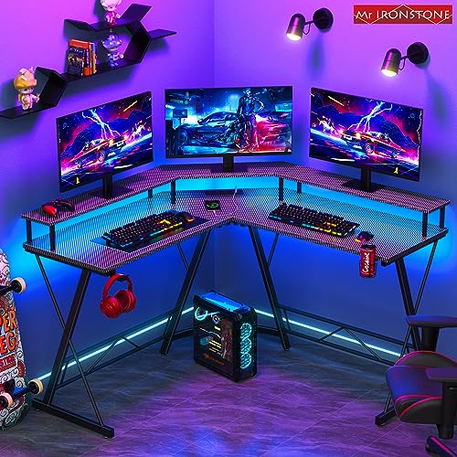 Mr IRONSTONE Gaming Desk with Led Lights ＆Power Outlet, L Shaped Computer Corner Desk with Cup Holder ＆ Headphone Hook, Carbon Fiber Home Office Desks with Large Monitor Stand, Graphite Black, 50''