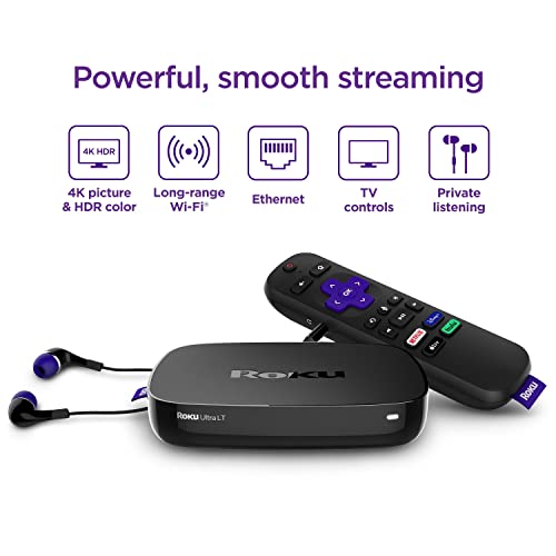 Roku Ultra LT (2023) HD/4K/HDR Dolby Vision Quad-Core Streaming Player with HDMI Cable, Headphones, Voice Remote w/ Private Listening, Ethernet