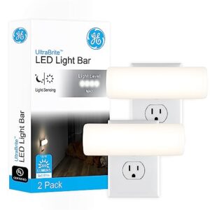 ge ultrabrite led light bar, 200 lumens, high/low/off switch, plug-in, night light, ideal for dark spaces, bedroom, bathroom, kitchen, hallway, garage, basement white, 52261, 2 pack